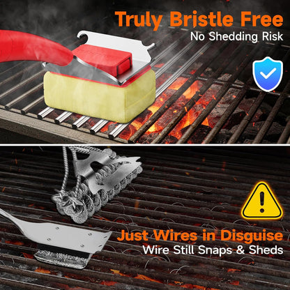 Bristle Free Grill Brush with Scraper for Outdoor Grill Cleaning, Safe Steam BBQ Grill Cleaner, Replaceable Head, Grilling Accessories for Cast Iron, Stainless Steel, Porcelain, Ceramic Grates - Black