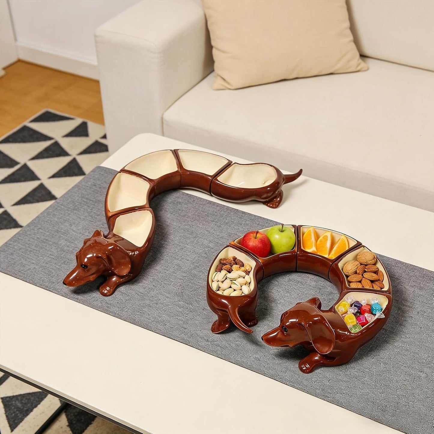 Dachshund Chip and Dip Serving Set, 5 Grid Dachshund Design Divided Serving Tray Platters, Appetizer Dish, Snack Bowl Set, Party Server Trays and Platters, for Christmas, Thanksgiving, Party, Kitchen
