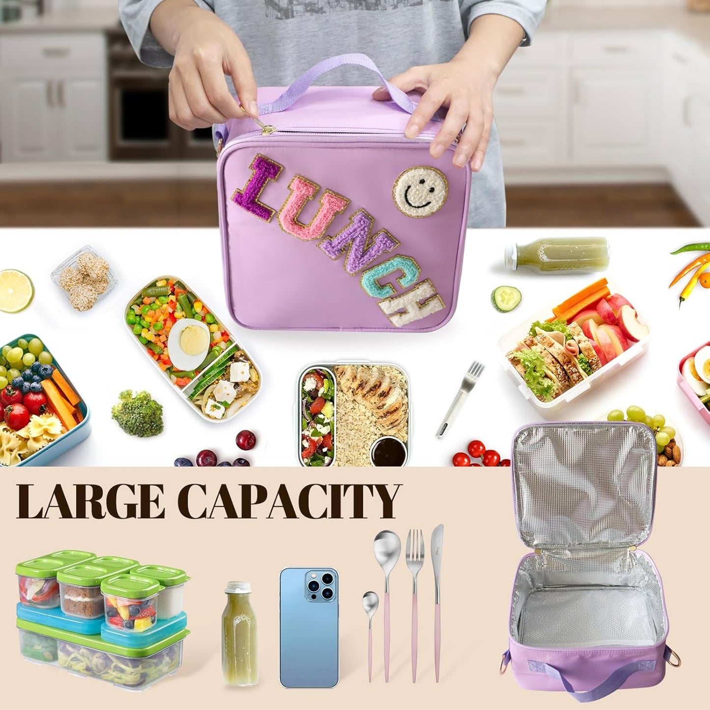 Insulated Lunch Bag With Adjustable Shoulder Strap, Nylon Preppy Lunch Box Large Insulated Lunch Bag Reusable Lunch Tote Bag with Smiley Preppy LunchBag for Girls School Travel Picnic (Green)