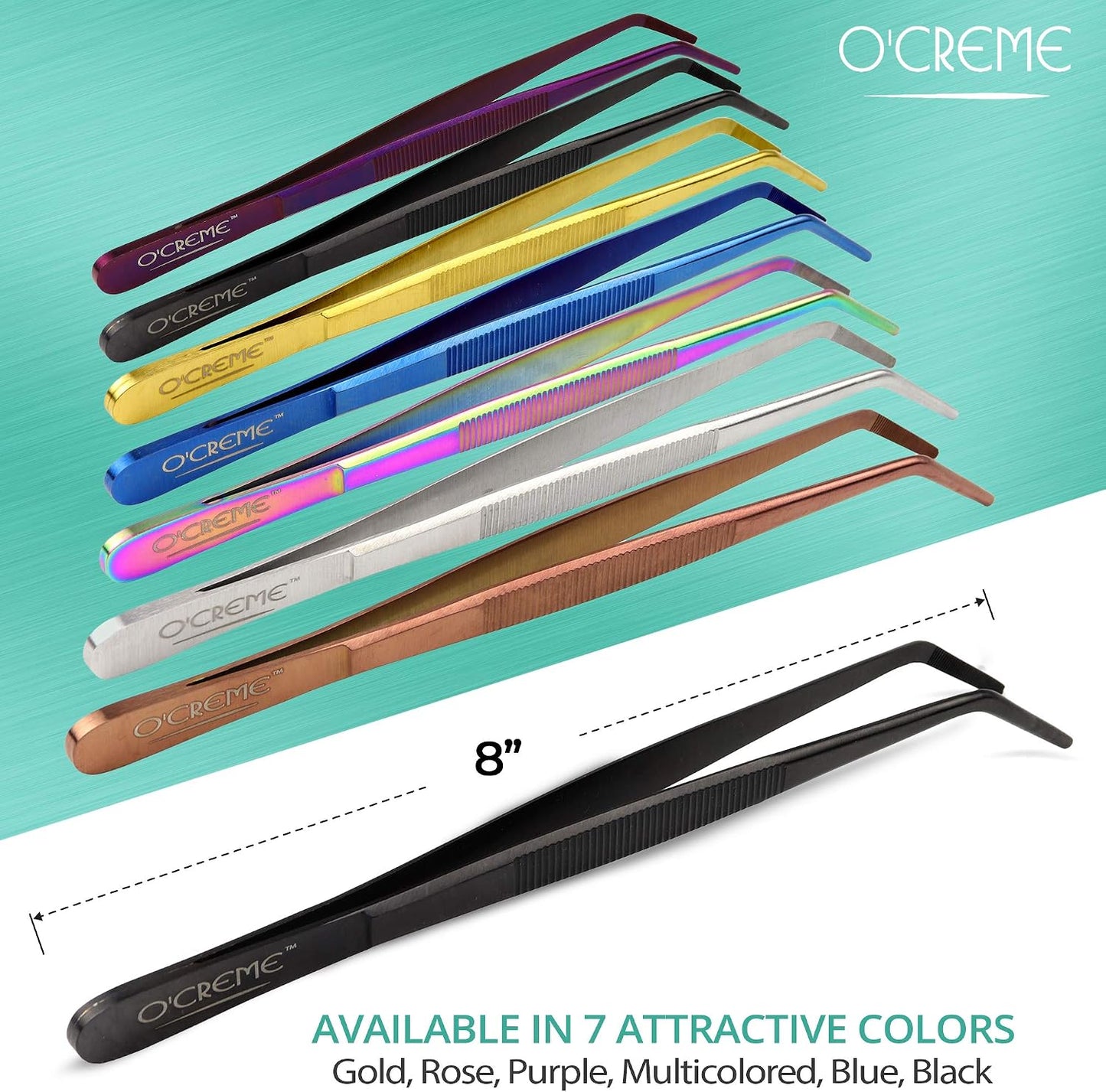 O'Creme 8 Inch Black Stainless Steel Precision Kitchen Culinary Offset Tweezer Tongs