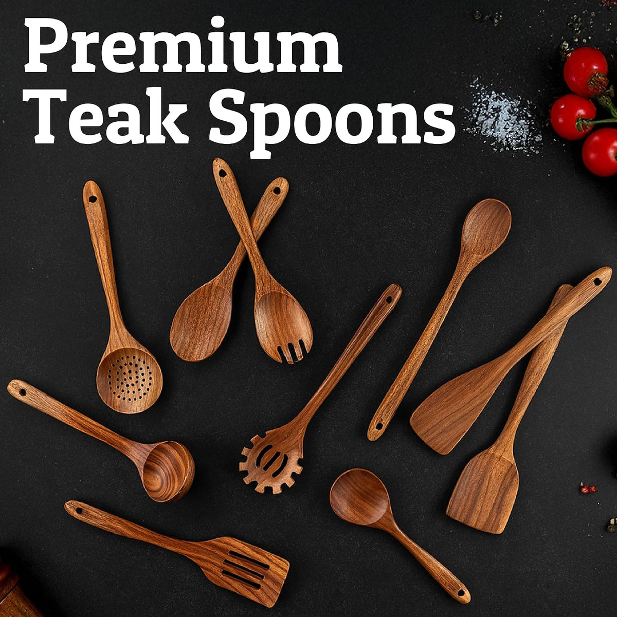 PriorityChef Wooden Slotted Spoon - Premium Teak Cooking Utensil for Frying, Straining & Serving - Long Handle Kitchen Spoon for Nonstick Cookware - Handcrafted Durable Wood