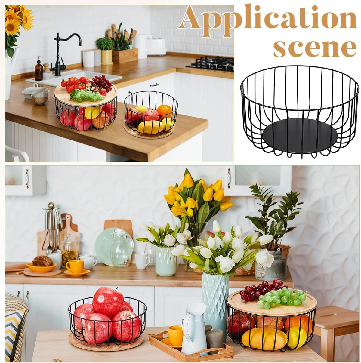 4Pcs Fruit Basket for Kitchen Counter Set, 11.9/10/8/6Inch Round Fruit Basket with Wooden Lid Countertop Bin for Produce Fruits Lemon Banana Candy Snack in Office, Black, 4 Size