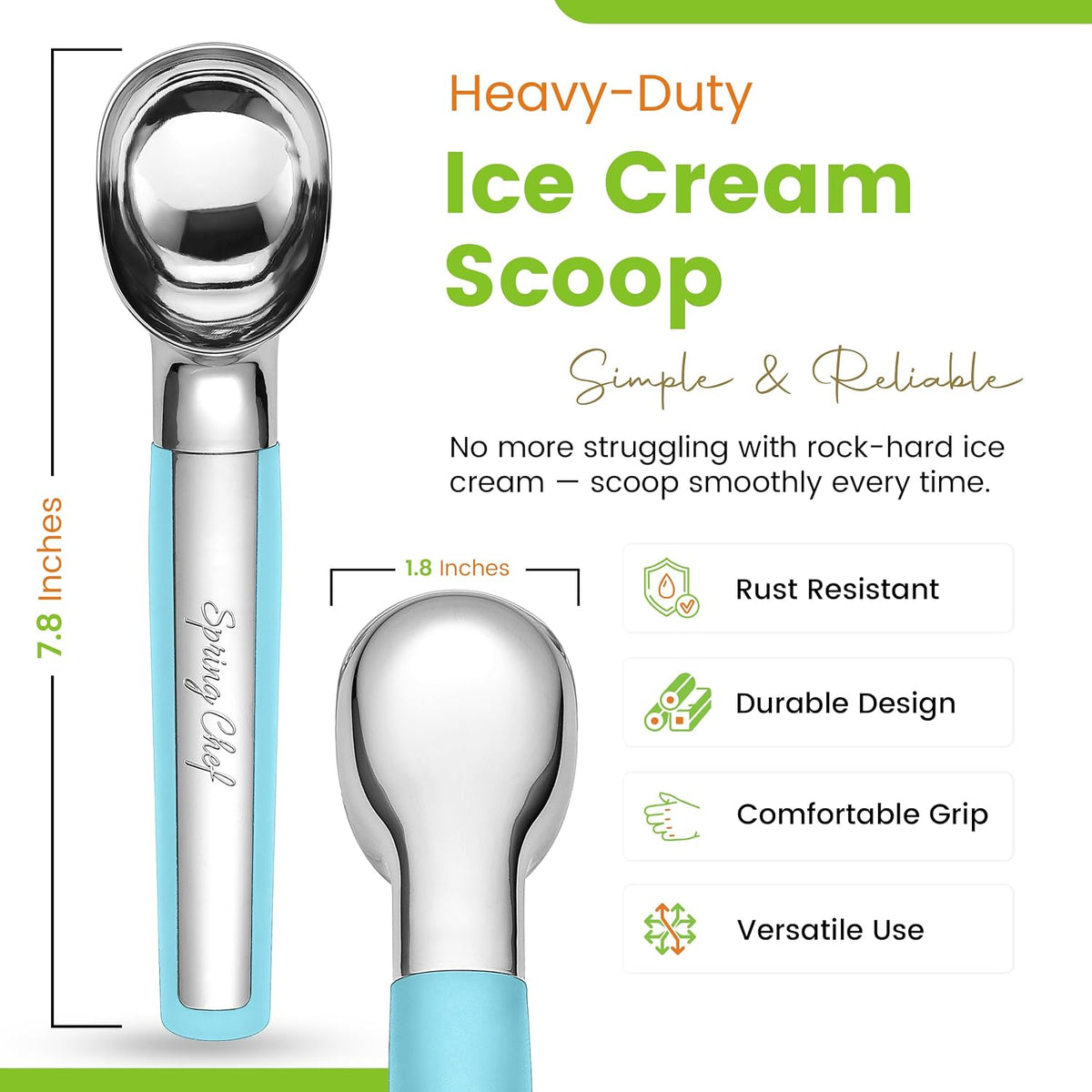 Spring Chef Heavy Duty Metal Ice Cream Scoop with Soft Grip Handle, Pink