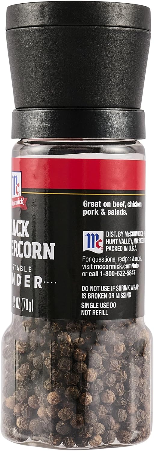 McCormick Black Peppercorn Grinder, For Freshly Ground Pepper While Cooking & Tableside, 2.5 oz
