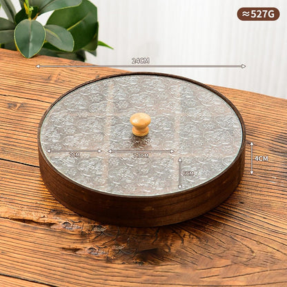 Divided Serving Tray with Glass Lid, Wood Snack Tray Decorative Bowl Dry Fruits Food Organizer for Candy, Fruits, Nuts, Snacks, 30x30x4cm