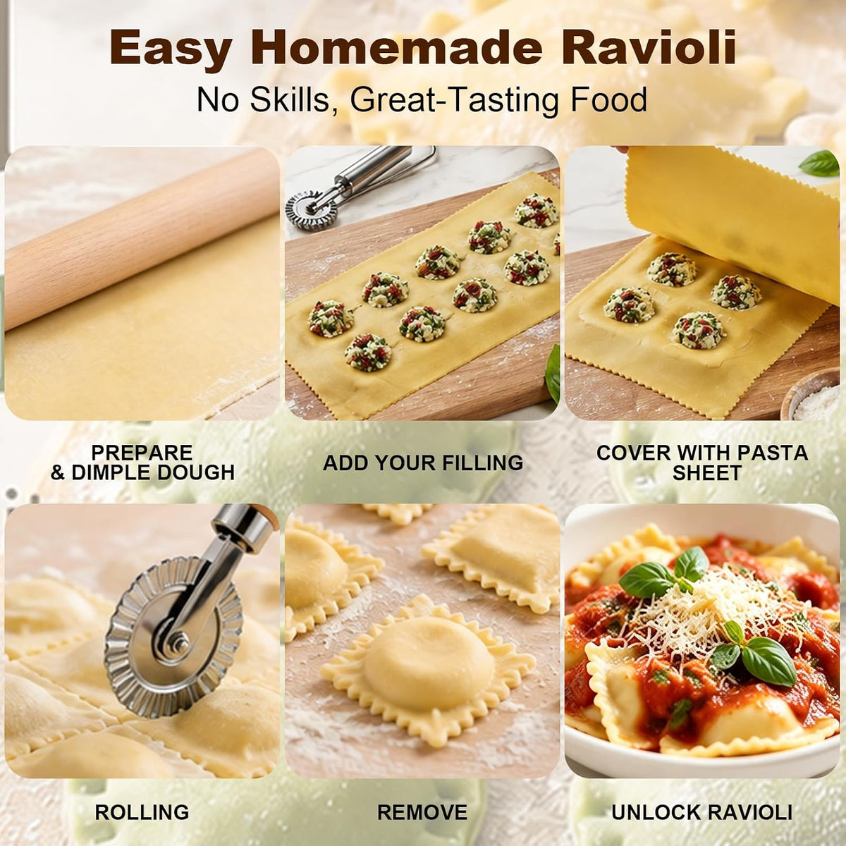 11 Pieces Ravioli Mold Set, Easy-to-Use Ravioli Maker Press with Ravioli Cutter Wheel, Pasta Cutter & Ravioli Making Kit, Wooden Pasta RollerPasta Making Tools for home，pasta lover