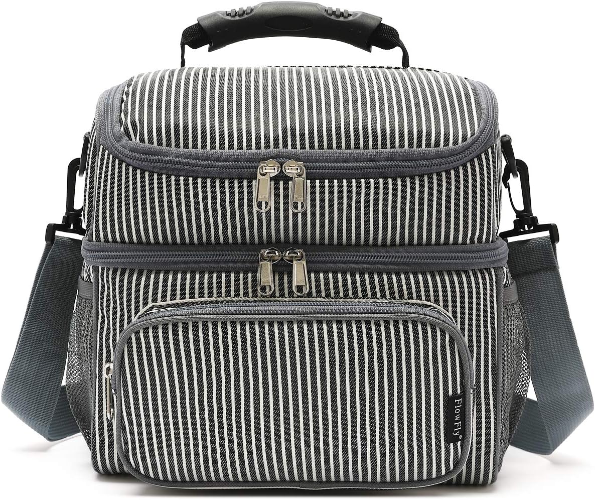 FlowFly Double Layer Cooler Insulated Lunch Bag Adult Lunch Box Large Tote Bag for Men, Women, With Adjustable Strap,Front Pocket and Dual Large Mesh Side Pockets