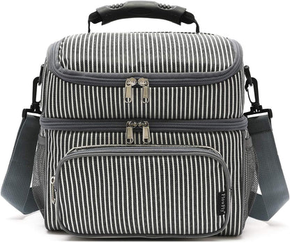 FlowFly Double Layer Cooler Insulated Lunch Bag Adult Lunch Box Large Tote Bag for Men, Women, With Adjustable Strap,Front Pocket and Dual Large Mesh Side Pockets