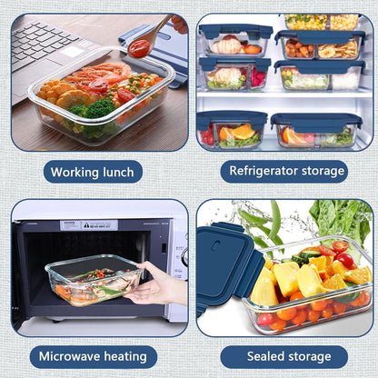 10Pack Rectangle Glass Food Storage Containers with Lids, Meal Prep Containers for Food Storage, BPA Free & Leak Proof (Dark Blue)