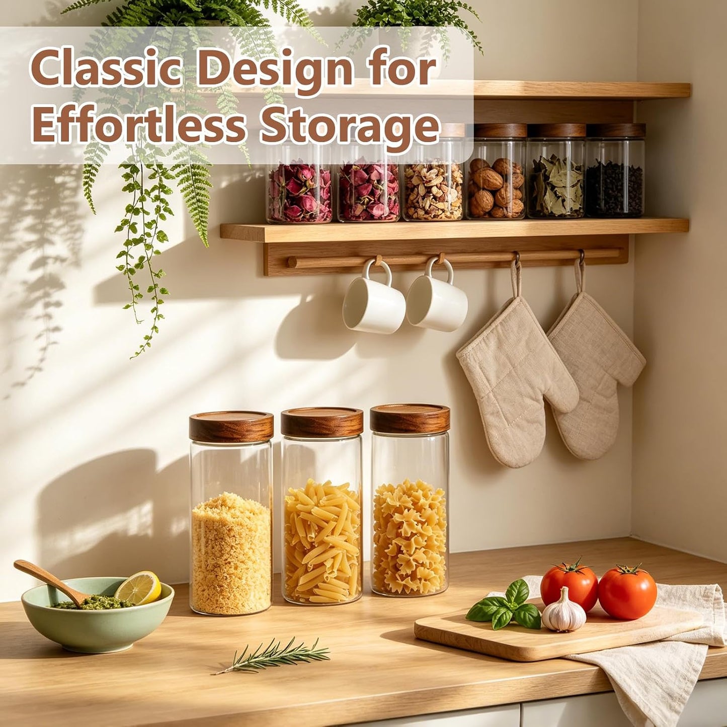 KEYWING 88oz Large Glass Jars with Airtight Acacia Wood Lids, Set of 3 Food Storage Containers for Flour, Sugar, Rice, Pasta, Cereal, Cookies – Includes 126 Labels