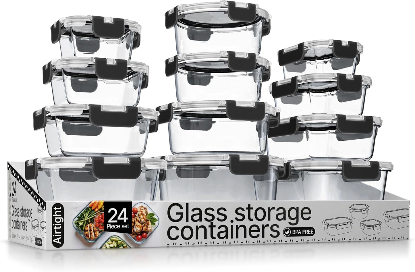 Bakken Borosilicate Glass Food Storage Containers with Lids 24 Pieces, BPA-Free Stackable Lunch & Leftover Containers, Microwave, Freezer & Dishwasher Safe, 100% Airtight Leak-Proof, Gray