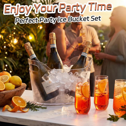 4 Pack 6.5L Clear Ice Buckets for Parties, Large Plastic Beverage Tub Set with Scoops, Champagne Flutes & Wine Opener, Portable Drink Cooler Champagne Bucket for Beer & Mimosa Bar Supplies
