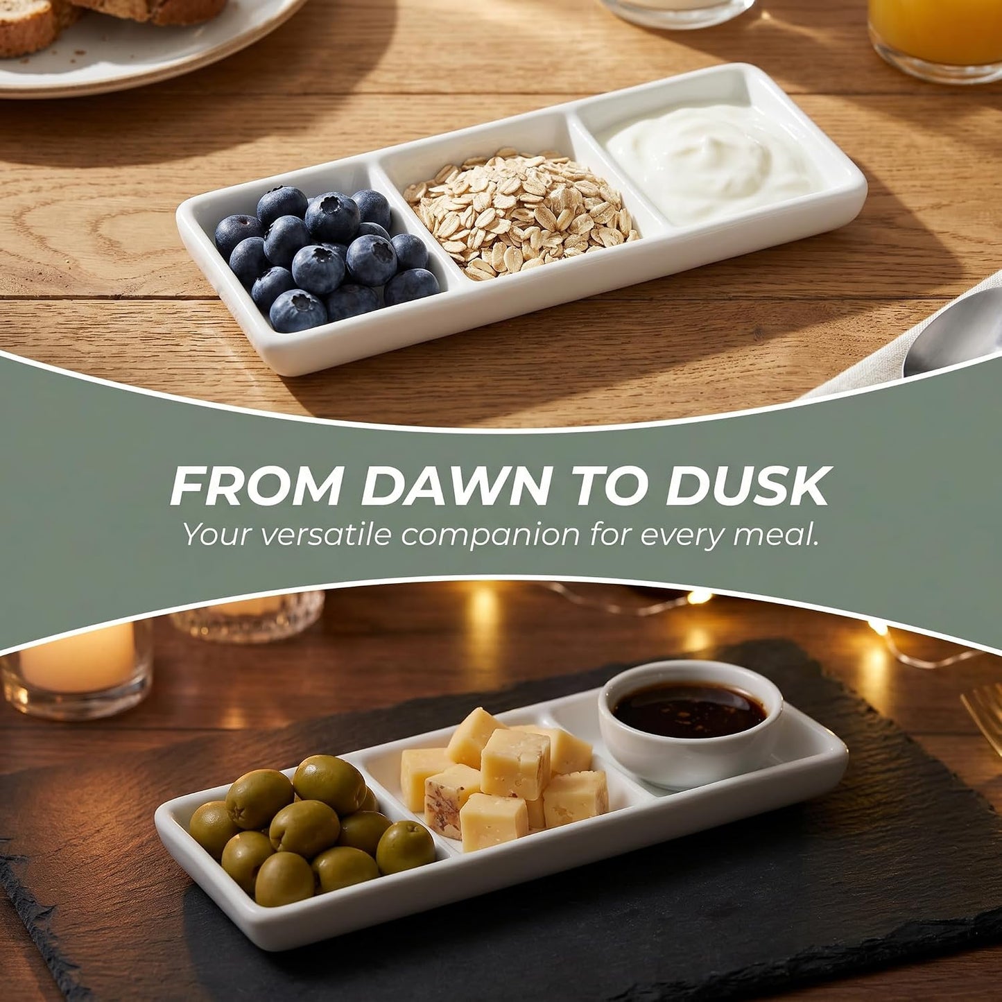 DOITOOL Ceramic Divided Serving Tray 5.8 inch, 4 Pack 3 Compartment Appetizer Tray White Stackable Chip and Dip Serving Dish Condiment Server for Entertaining, Snack Food Dessert, Dishwasher Safe