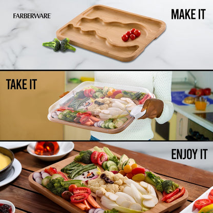 Farberware Build-A-Board Bamboo Cutting Board with Built-In Compartments & Clear Locking Lid, Black Handles, Charcuterie, Snack Tray, Food Prep and Serving Platter