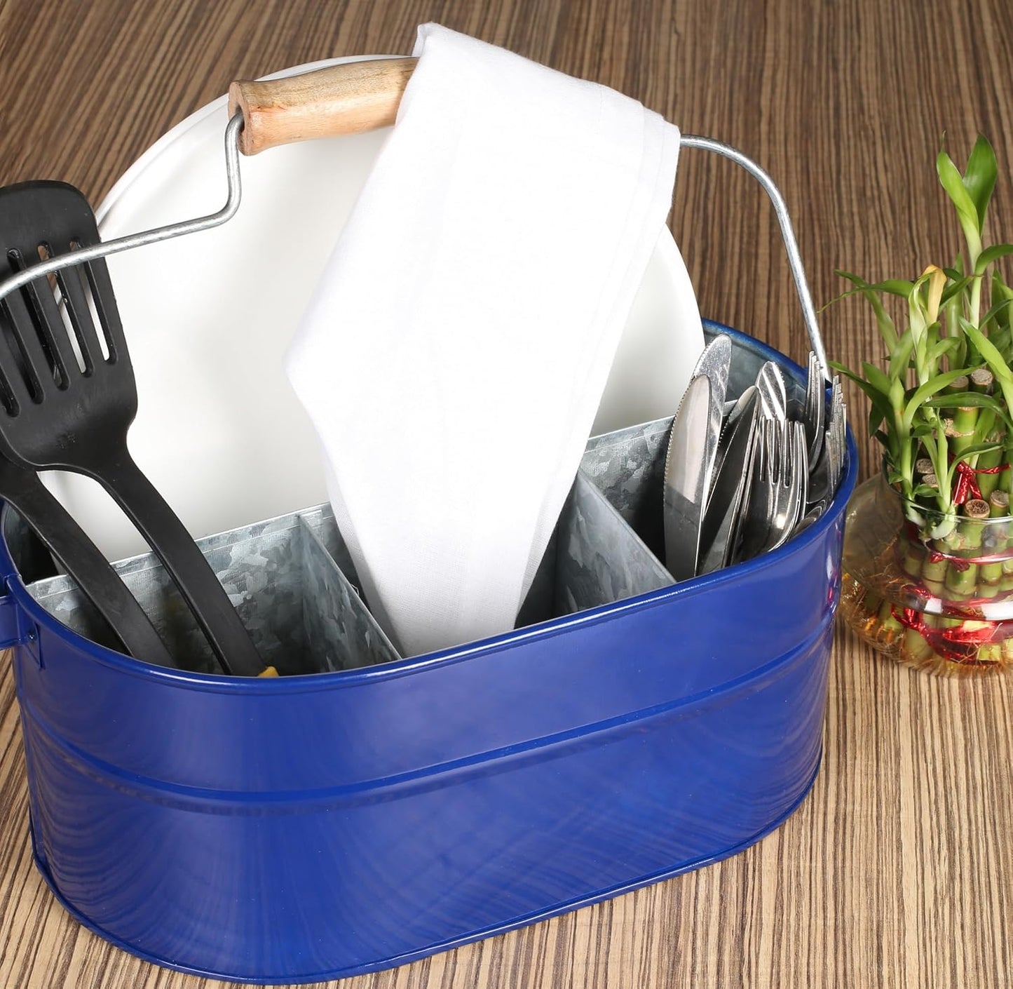 Alpha Living Home Galvanized Metal Utensil Caddy - Rustic Farmhouse Organizer Metal Garden Caddy with 4 Compartments and Wooden Handle for Kitchen, Buffet & Outdoor Events (Silver)