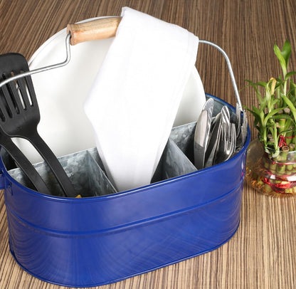 Alpha Living Home Galvanized Metal Utensil Caddy - Rustic Farmhouse Organizer Metal Garden Caddy with 4 Compartments and Wooden Handle for Kitchen, Buffet & Outdoor Events (Silver)