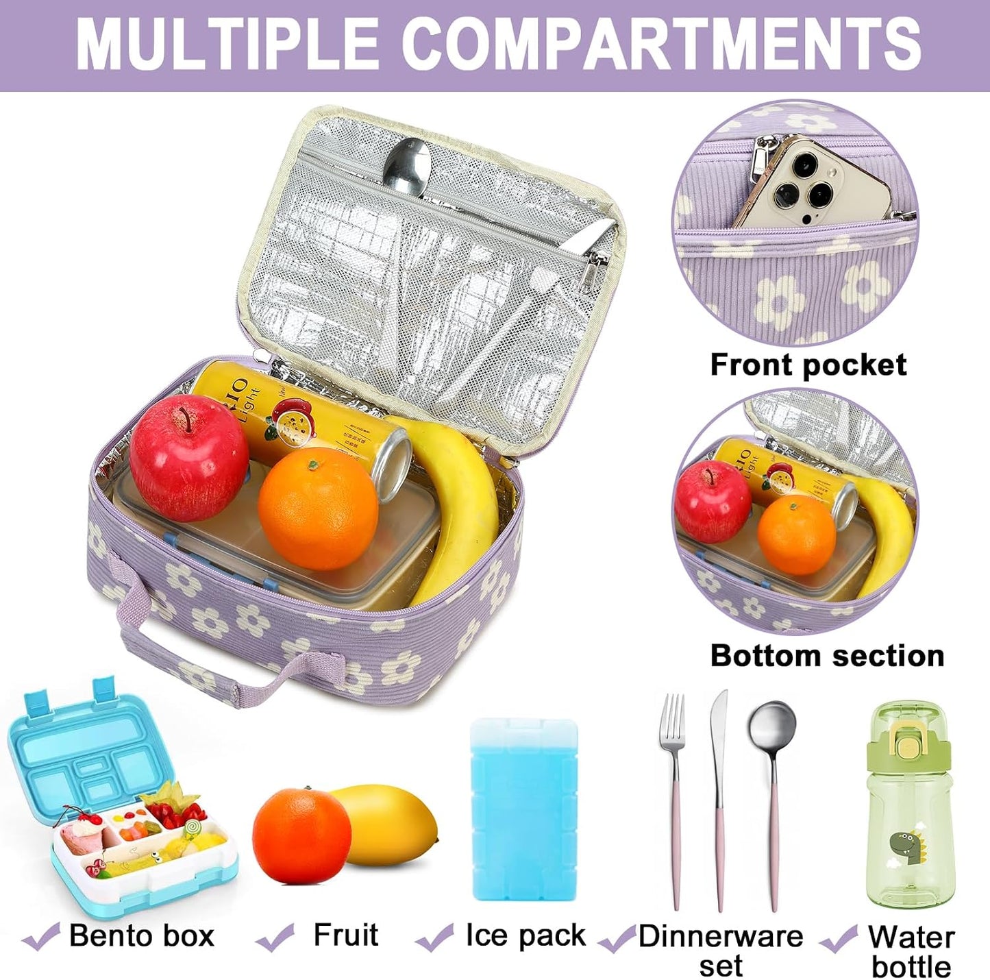 Bluboon Insulated Lunch Bag for Girls & Boys, Corduroy School Lunch Box with Cooler & Organizer Compartments, Leak-Proof Lunch Tote for School, Travel (Corduroy Strawberries Beige)