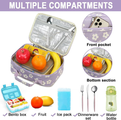Bluboon Insulated Lunch Bag for Girls & Boys, Corduroy School Lunch Box with Cooler & Organizer Compartments, Leak-Proof Lunch Tote for School, Travel (Corduroy Strawberries Beige)