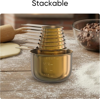 Color Up Measuring Cup Set, 8 Piece, Copper and Chrome Finish, Stainless Steel, Accurate for Wet & Dry Ingredients, Embossed Markings, Easy Pour Spouts, Dishwasher Safe, Kitchen Essential (Stainless)