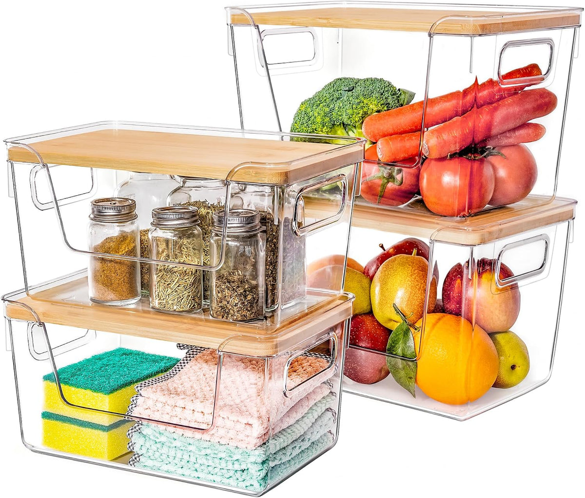 Criusia 2 Set Pantry Organizers and Storage with Bamboo Lids, Stackable Clear Bins for Onion, Potato, Fruit, Vegetables, Trash Bag Dispenser, Kitchen and Under Sink Organizer