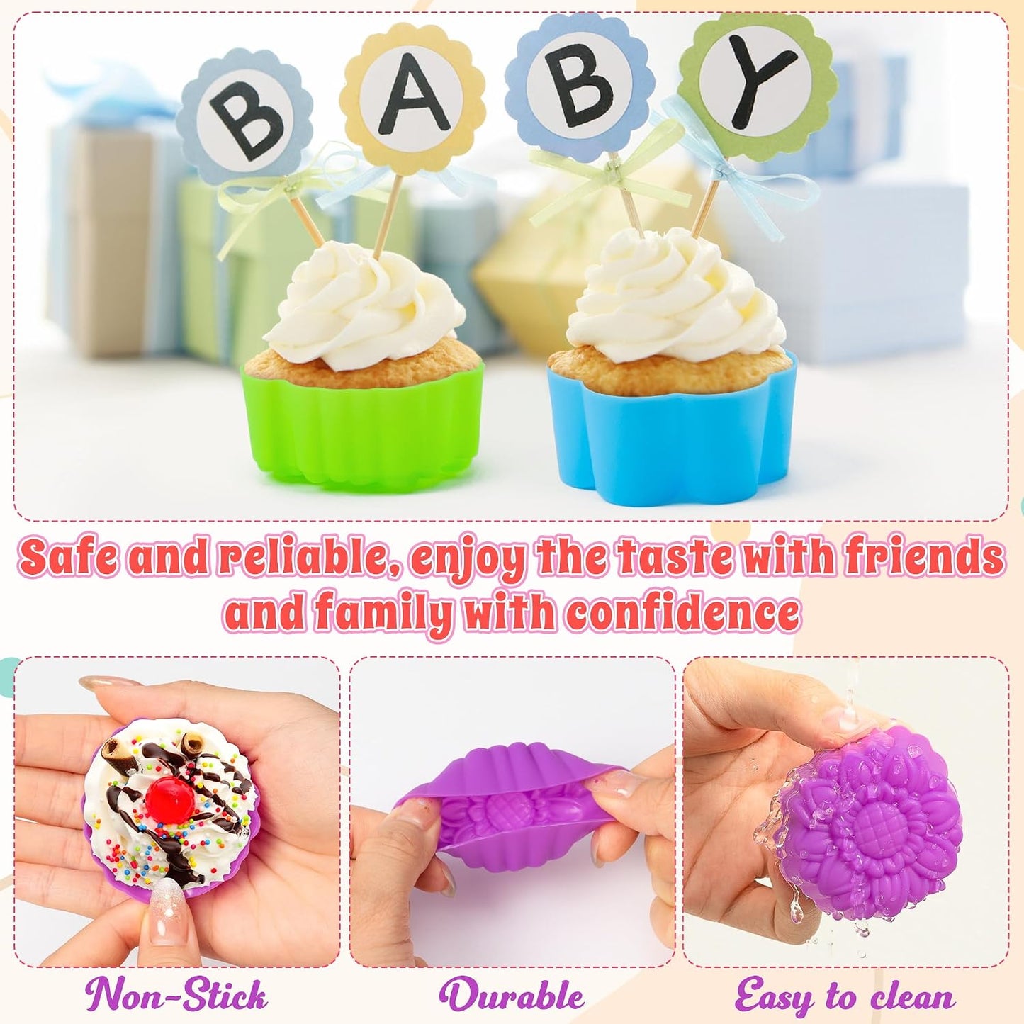 R HORSE Mini Silicone Cupcake Liners Molds - 60Pcs 2 Inch Muticolor Floral Shaped Baking Cups, Reusable Non-Stick Cupcake Wrappers Muffin Baking Liners for Oven Microwave Dishwasher Safe