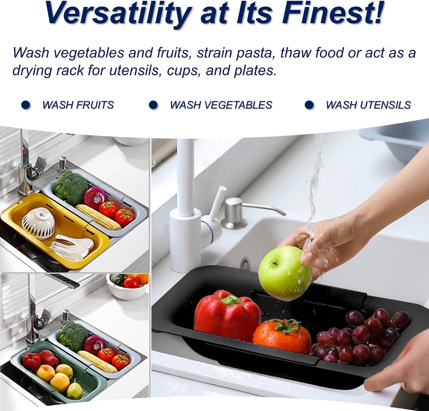 Extendable Sink Colander Strainer Basket - Wash Vegetables and Fruits, Drain Cooked Pasta and Dry Dishes - Adjustable Over the Sink Colander Collapsible Drainer Basket - White