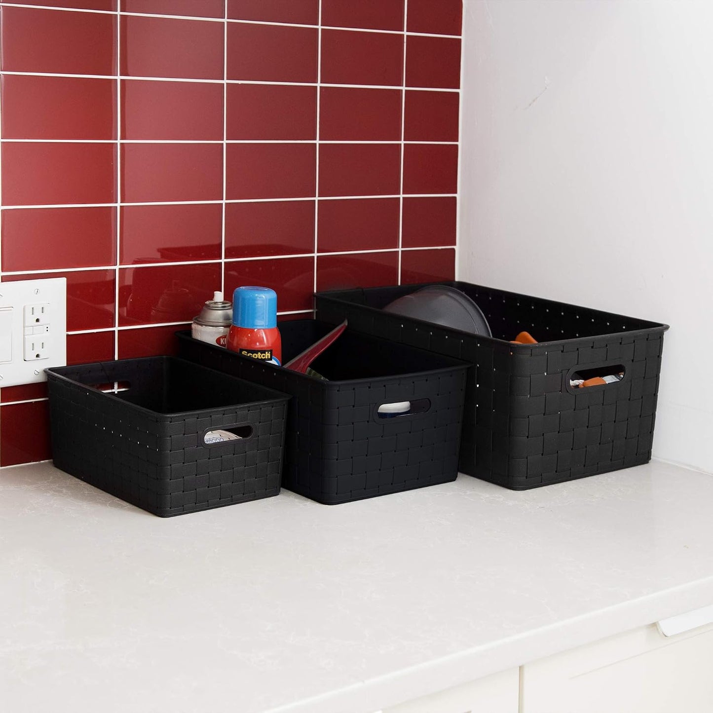 BINO | Plastic Storage Baskets Large - Black | THE STABLE COLLECTION | Multi-Use Storage | Rectangular Cabinet Organizer | Baskets For Organizing with Handles | Home Office Organization and Storage