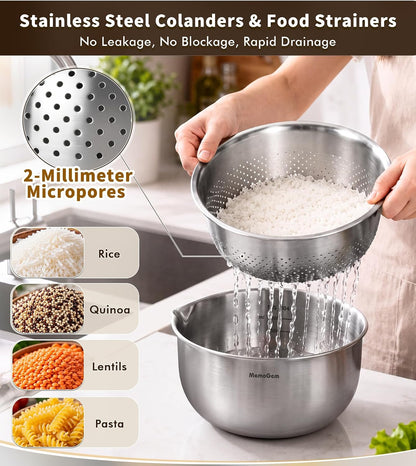 304 Stainless Steel Fine Mesh Colander Set, 1QT Large Capacity Strainer with Mixing Bowl, Rust Resistant Metal Strainer Bowl for Rinse Fruits, Veggies, Rice & Drain Pasta, Cooking, Dishwasher Safe
