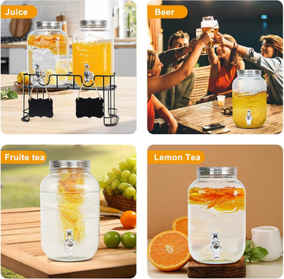 2-Pack 1 Gallon Glass Drink Dispensers for Parties - Leak-Proof Beverage Dispenser with Stand, Spigot, Ice Cylinder & Chalkboard Labels - Perfect for Lemonade, Iced Tea, and Party Drinks