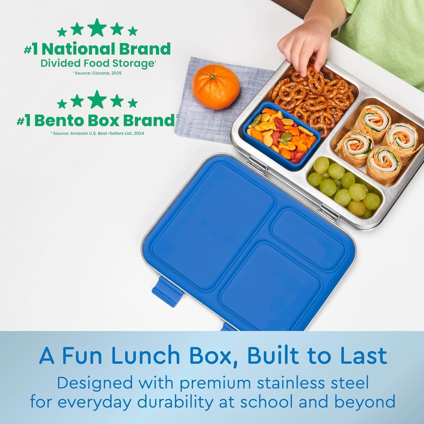 Bentgo Kids Stainless Steel Leak-Resistant Lunch Box - 3-Compartments with Bonus Silicone Container, Durable, Eco-Friendly, Dishwasher Safe, BPA-Free, Ideal for School, Ages 3+ (Silver)
