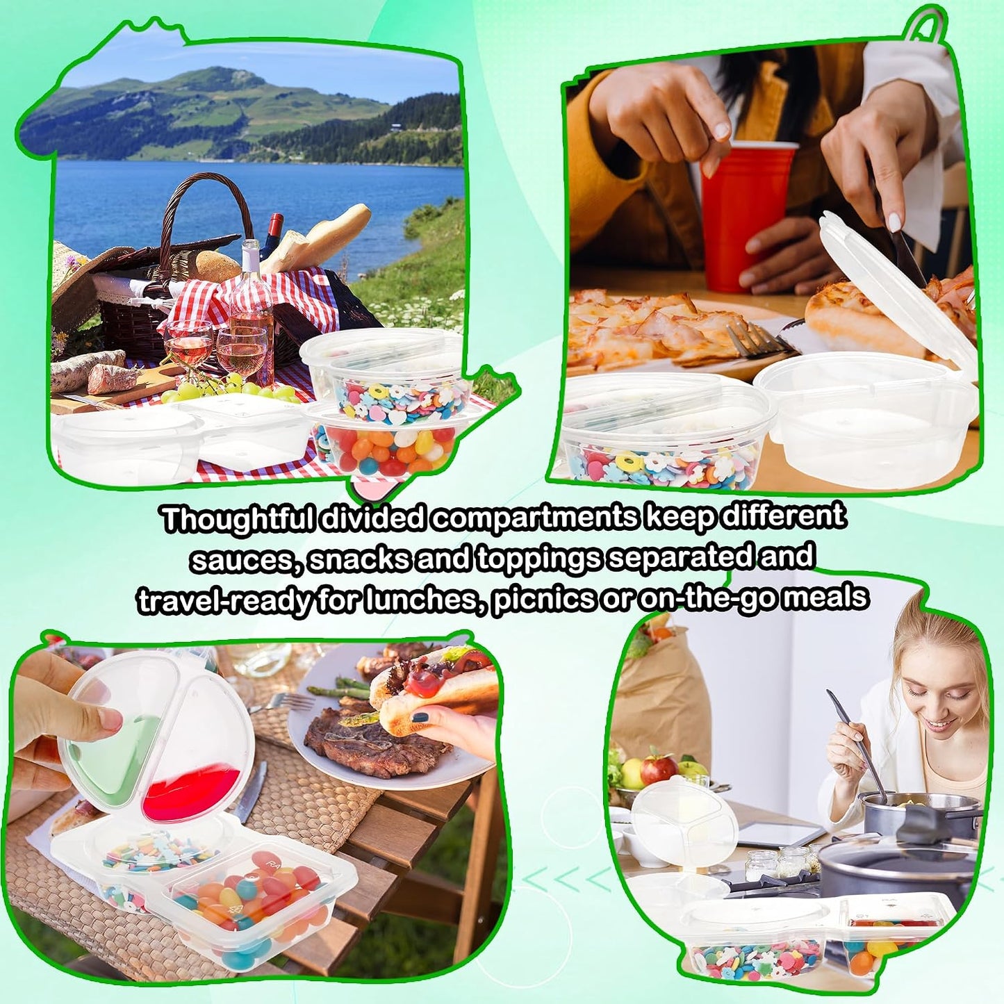 45 Pcs 2 Compartment Snack Containers 3 Compartment Condiment Containers with Lids Plastic Box for Sauce Meal Prep Portion Control, 3 Shapes