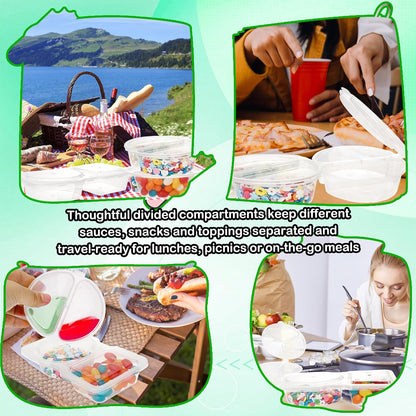45 Pcs 2 Compartment Snack Containers 3 Compartment Condiment Containers with Lids Plastic Box for Sauce Meal Prep Portion Control, 3 Shapes