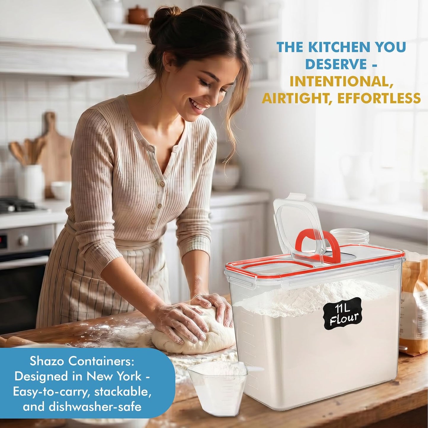 Shazo 2 PC (11L | 372 oz) Flour Sugar Storage Containers with Spout Lid & Easy Carry Handle - BPA Free Extra Large Airtight Food Storage Containers with Lids - Rice Canisters Sets for Kitchen & Pantry