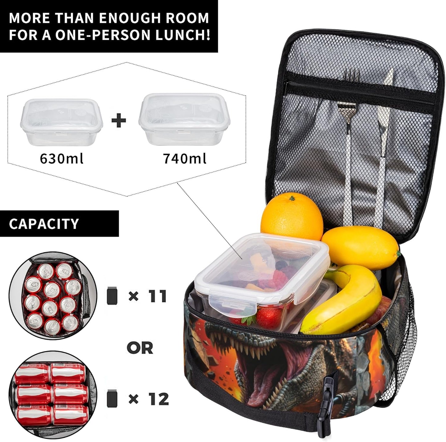 Dinosaur Volcano Insulated Lunch Bag for Women & Men, Reusable Leak-Proof Lunch Box with Cooler Compartment, Lunch Tote for Adults Work Travel Picnic Durable & Washable