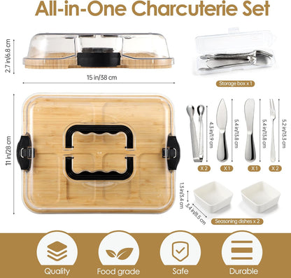 Kochorie 10 Pieces Portable Bamboo Cheese Board Set Charcuterie Board with Lid and Handle, Knife Set Meat Fruit Serving Tray Platter for Travel Picnic Kitchen House Warming Gifts (Rectangular)