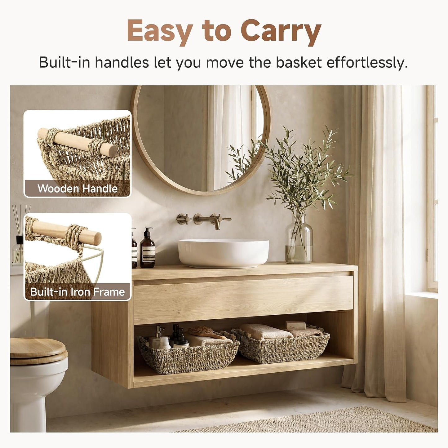 StorageWorks Hand-Woven Storage Baskets with Wooden Handles, Water Hyacinth Wicker Baskets for Organizing, 2 Pack