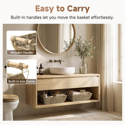StorageWorks Hand-Woven Storage Baskets with Wooden Handles, Water Hyacinth Wicker Baskets for Organizing, 2 Pack
