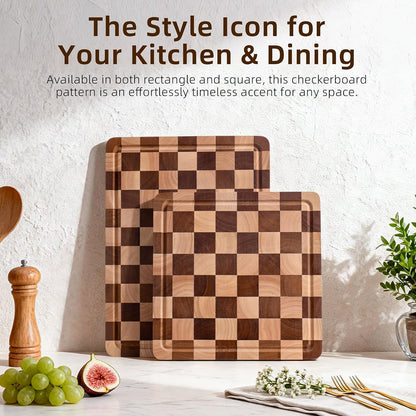 Checkered Cutting Board Set for Kitchen - 3 PCS Solid Wood End Grain Checkerboard Chopping Board with Holder & Juice Groove, Wooden Cutting Boards for Meat, Vegetables, Fruits (S, M, L)