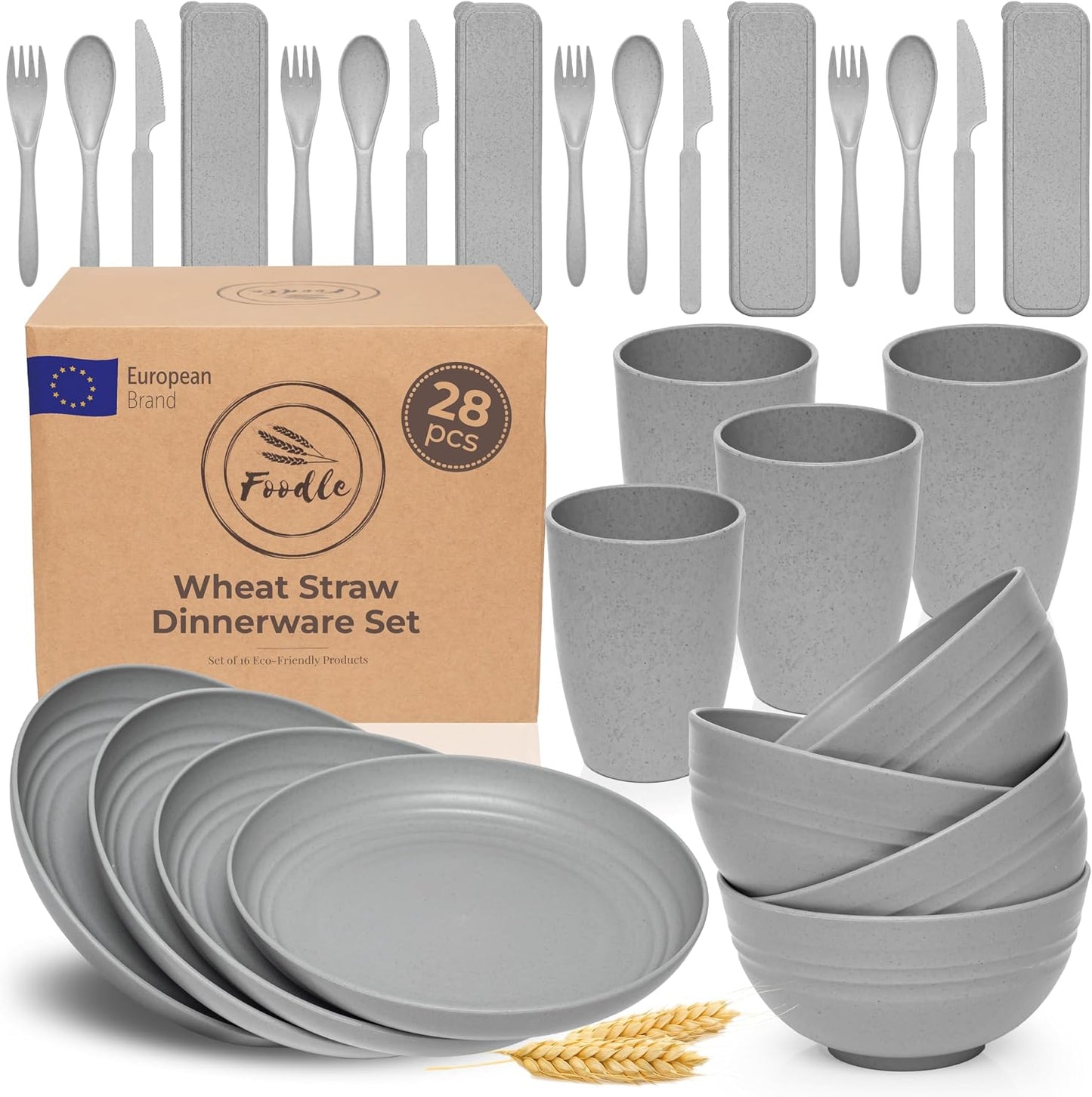 FOODLE Wheat Straw Dinnerware Set - BPA Free & Safety Tested - Microwave & Dishwasher Safe Dishes - Perfect for Camping, Picnic, RV, Dorm - Plates, Cups and Bowls - Great for Kids & Adults - For 4