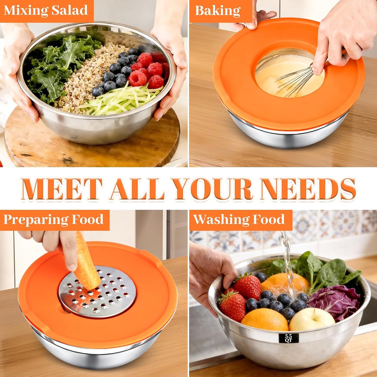 21PCS Mixing Bowls with Lids Set - 7 Nesting Mixing Bowls, 3 Graters, 11 Baking Tools, Lids, Stainless Steel Mixing Bowl for Mixing & Baking, Size 0.7/1.1/1.5/2.1/3.5/4/4.5 QT, Colorful