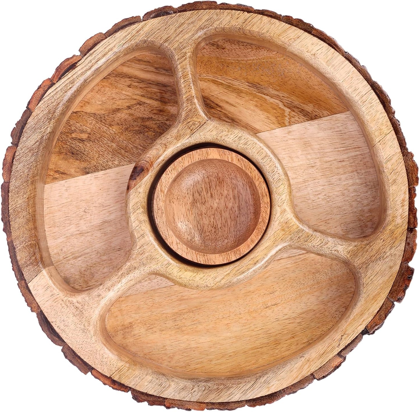 GoCraft Mango Wood Chip and Dip Serving Tray with Bowl, 4-Section Divided Appetizer Platter, Party Bowl Set for Chips & Salsa, Snacks, Entertaining, Hosting - Natural Brown, Rustic Bark Edge, 12.5"