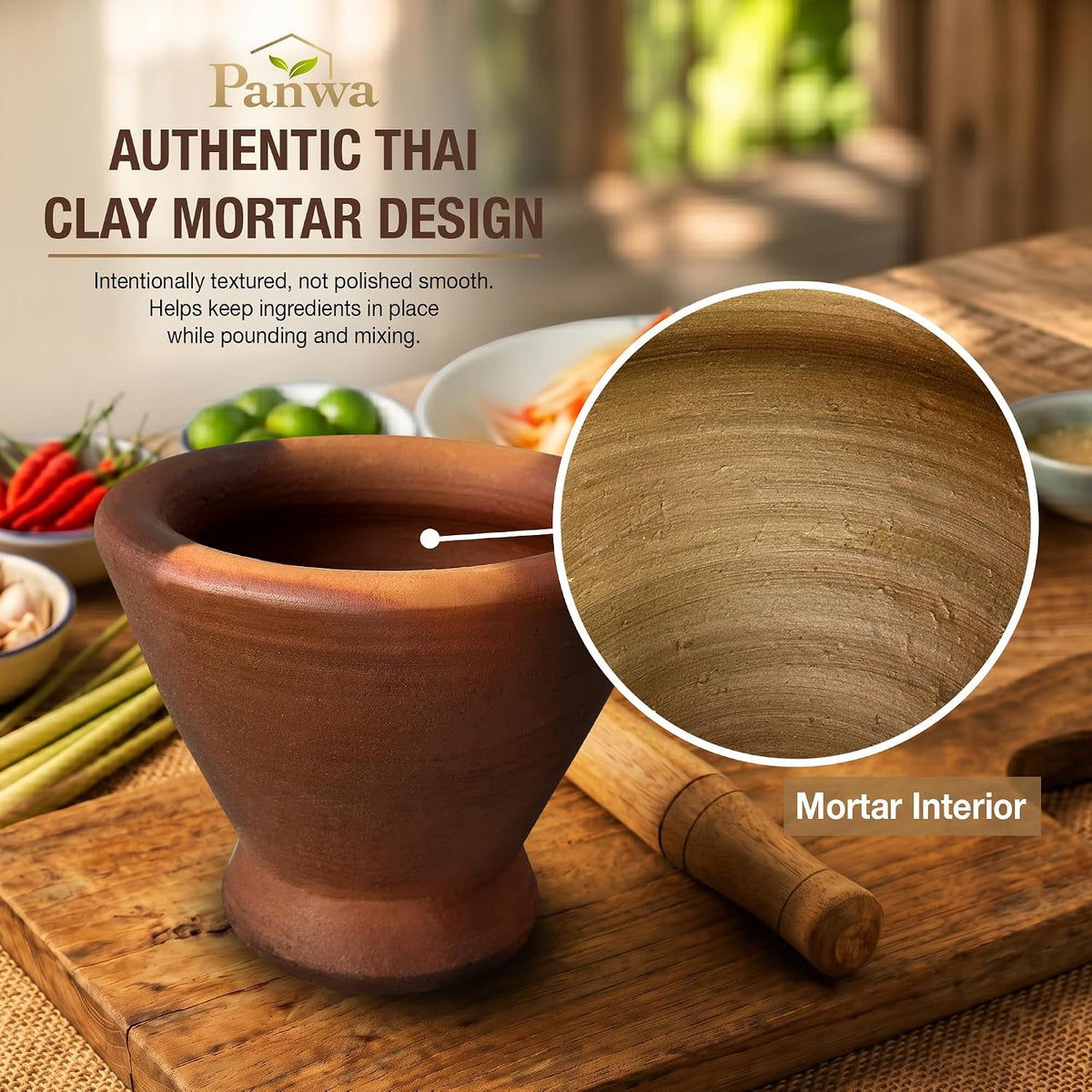Thai Clay Mortar and Wooden Pestle Set for Som Tum, Authentic Papaya Salad Kit with Peeler, Grater & Spoon