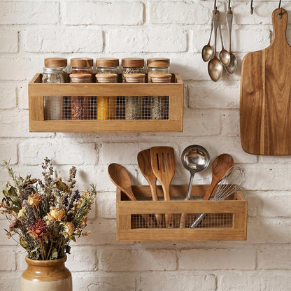Dicunoy Set of 2 Decorative Wooden Crates, Rustic Countertop Nesting Basket with Handle, Antique Small Storage Containers for Fruit, Veggies, Kitchen, Bathroom, Shelf, Pantry, Gift Basket