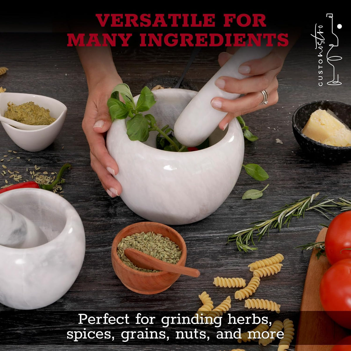 Gusto Nostro Natural Marble Mortar and Pestle Set | 5 Inch - 2.5 Cup Large Mortar Pestle Set for Grinding Herbs, Nuts, Grains | Pesto Grinding and Guacamole Stone Bowl | Marble Spice Crusher