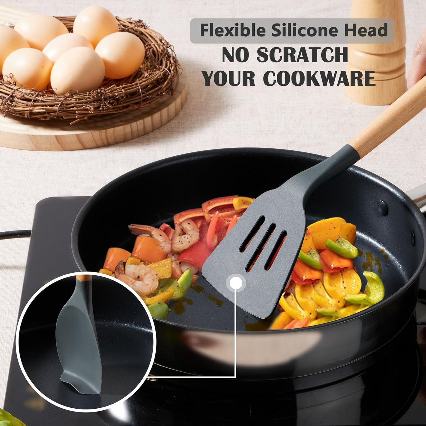 E-far Silicone Cooking Utensils Set, 5-Piece Kitchen Utensils Set with Wooden Handle for Cooking, Silicone Kitchen Nonstick Tools Spatula Turner Slotted Spoons, Nontoxic & Heat Resistant-Khaki