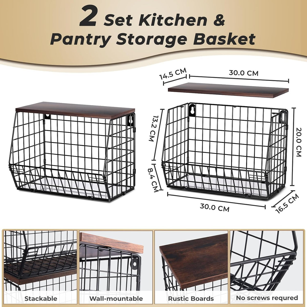 Mefirt Fruit Basket, 2-Tier Fruit Bowl for Kitchen Counter, Stackable Wall Mounted Fruit Storage, Snack Organizer, Potato and Onion Storage Basket, Hanging Pantry Storage with Wood Lid, 2 Set, White