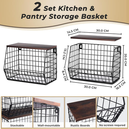 Mefirt Fruit Basket, 2-Tier Fruit Bowl for Kitchen Counter, Stackable Wall Mounted Fruit Storage, Snack Organizer, Potato and Onion Storage Basket, Hanging Pantry Storage with Wood Lid, 2 Set, White