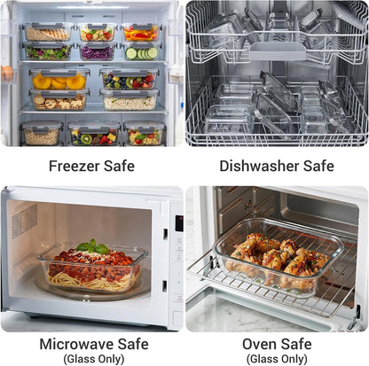 Dealusy 10 Sets (20-Piece) 36 oz & 12 oz Glass Food Storage Containers with lids, Airtight Leak-proof Glass Meal Prep Containers with Lids, Microwave Oven Freezer Dishwasher Safe, Gray