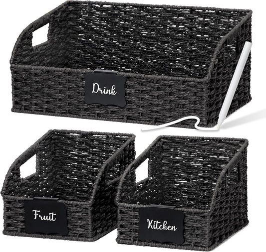 Pantry Baskets and Organizers, Large Wicker Baskets for Shelves, Handwoven Labeled Storage Basket for Organizing with Handles-Water Hyacinth Storage Bins, Boho Decorative, 3Pack, Natural