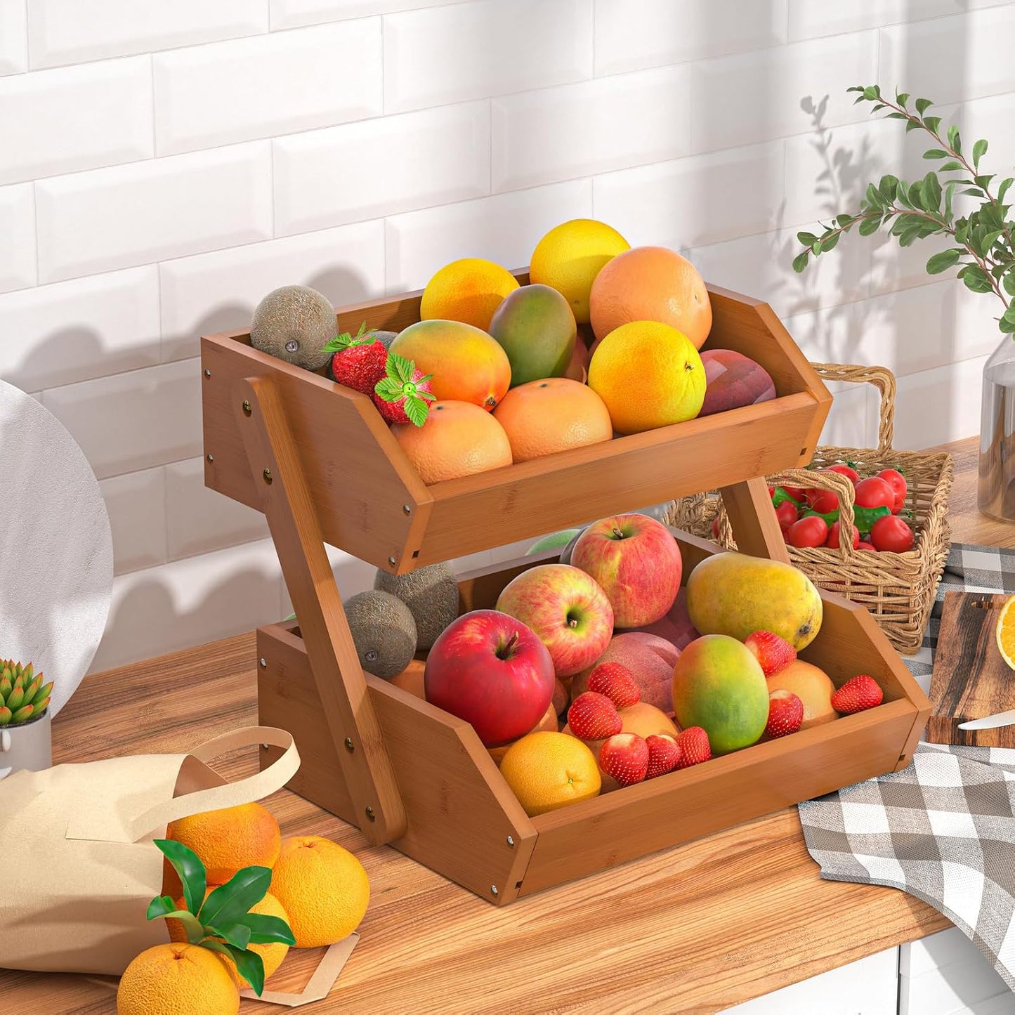 G.a HOMEFAVOR Large Bamboo Fruit Basket, 2-Tier Fruit Bowl for Kitchen Counter, Vegetable Storage Stand for Fruit Shop, 15 mm Thickness (Self-assembly)
